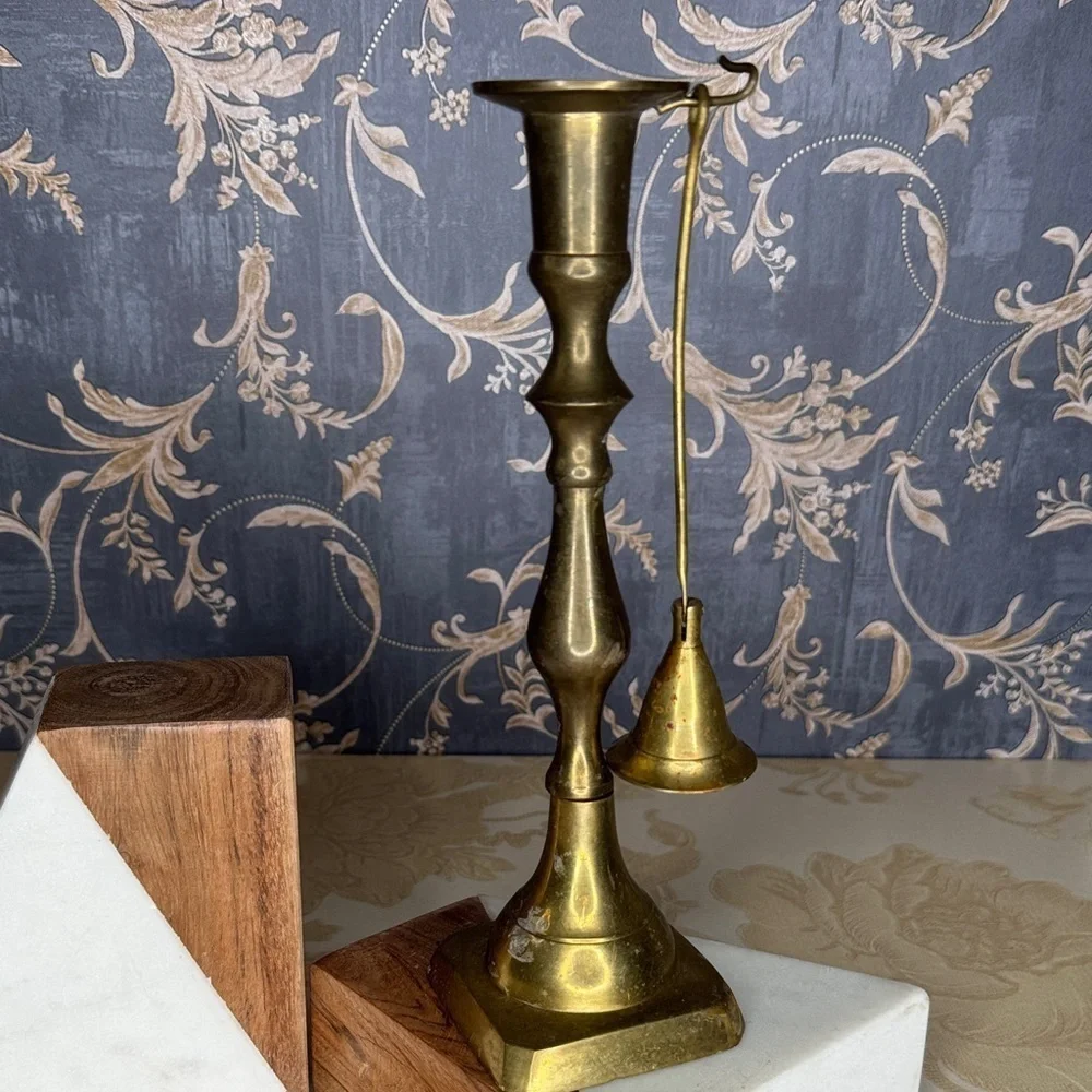 Vintage Brass Colonial Style Taper Candlestick with Attached Snuffer 8 2/3”